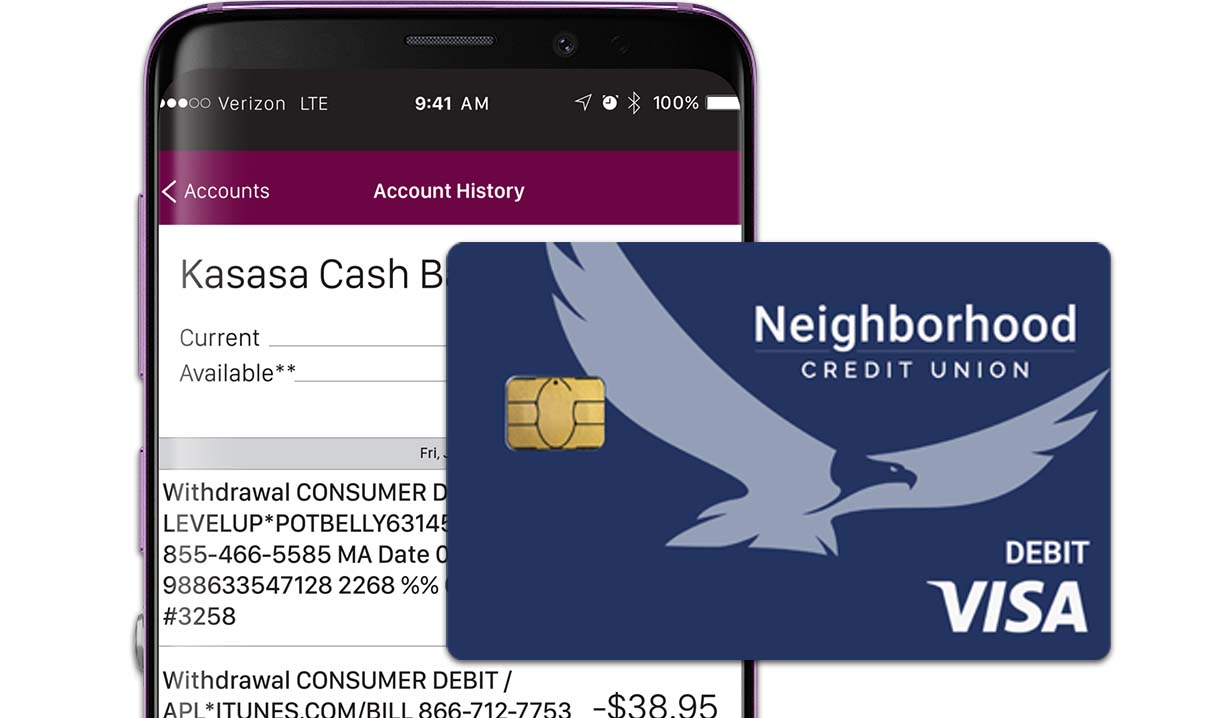 cell phone showing banking mobile app and a debit card in front of it