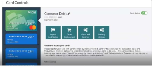 Screenshot of Online Banking Card Controls