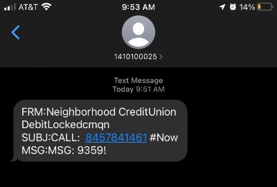 Apple iPhone showing a scam text message appearing to be from Neighborhood Credit Union