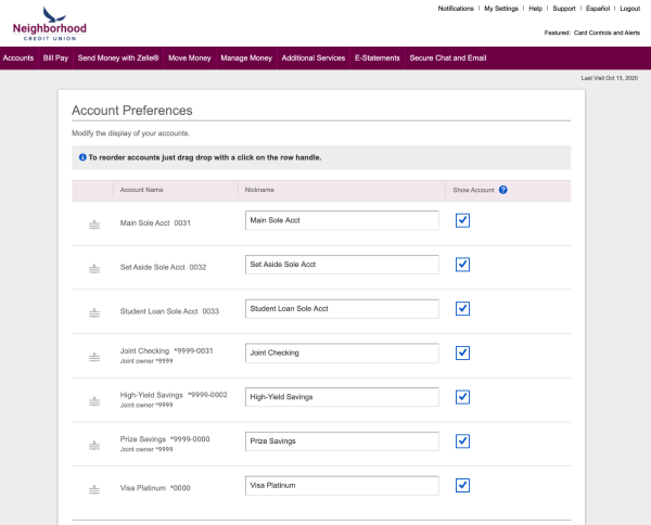image of other settings page in online banking showing personalized account names