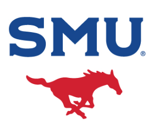 Red pony drawing with large blue letters  SMU logo