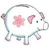 a drawing of a white piggy bank with a pink flower on the side