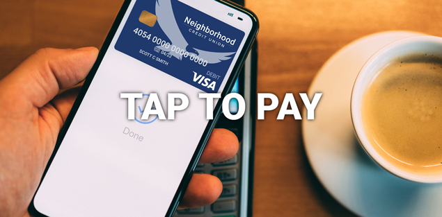 close up image of a smartphone displaying a debit card within the mobile wallet app hovering over a payment terminal with text overlaying the photo that says tap to pay