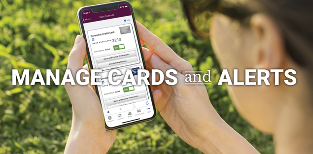 woman looking at smartphone screen for myncu mobile app displaying card controls and alerts with text overlaying the photo that says manage cards and alerts