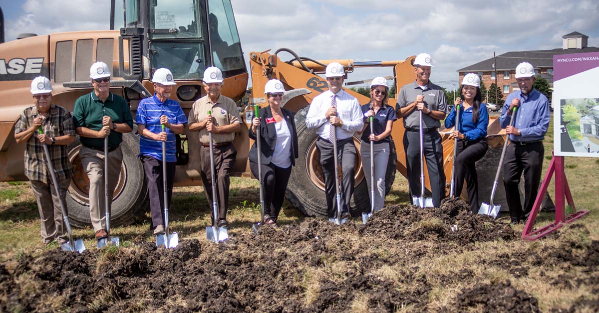 (left to right) Neighborhood Credit Union Chairman of the Board Dwayne Boozer and board members Randy Till and Jimmy Slayton join Waxahachie Mayor Doug Barnes and Mayor Pro Tem Billie Wallace, Ellis County Judge Todd Little, Neighborhood Credit Union Waxahachie Branch Manager Shannon Carr, President & CEO Chet Kimmell and Senior Vice Presidents Francis Santana and Mike Roark, to break ground on the credit union's new building in Waxahachie, which will open in spring 2022.