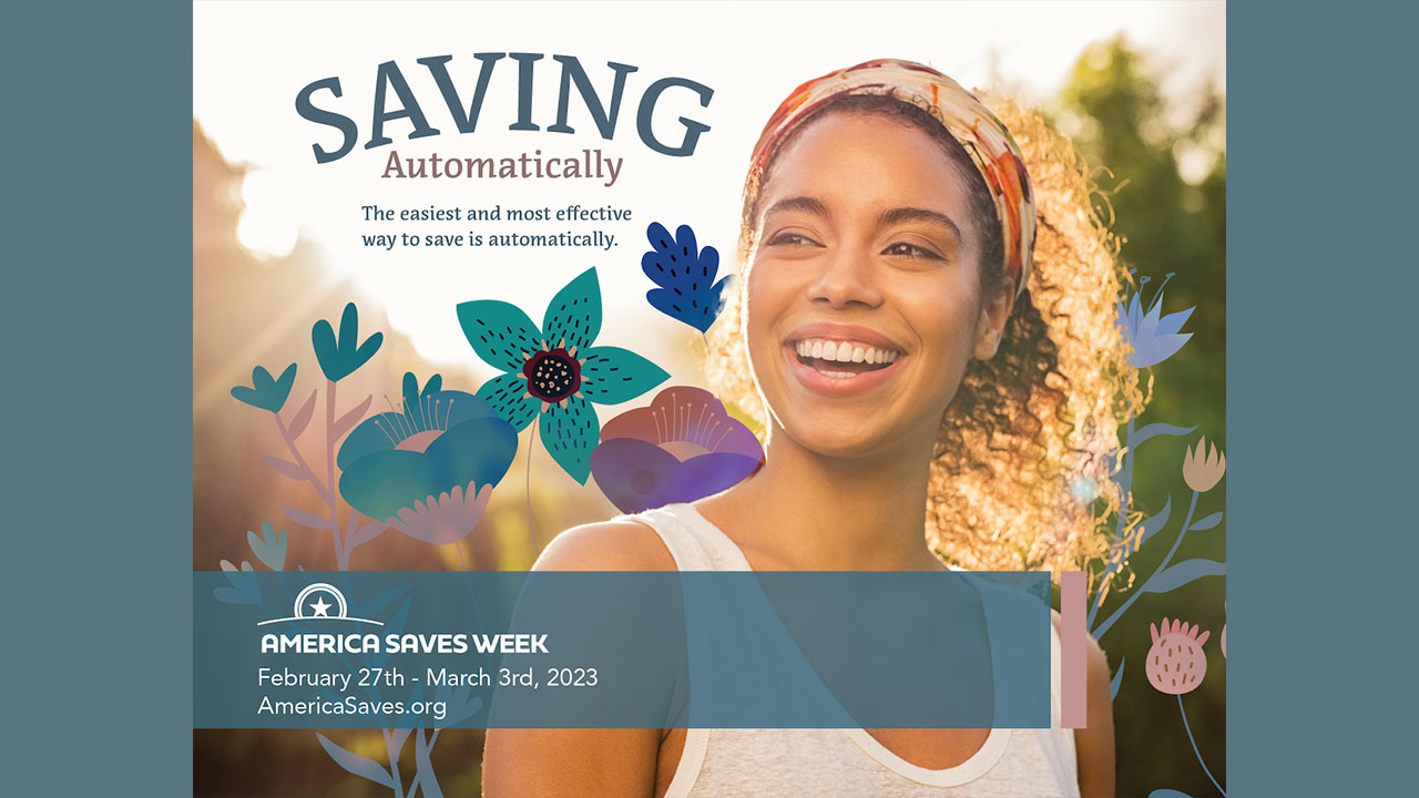 America Saves Week Saving Automatially. A young woman in a park smiling in the sunshine