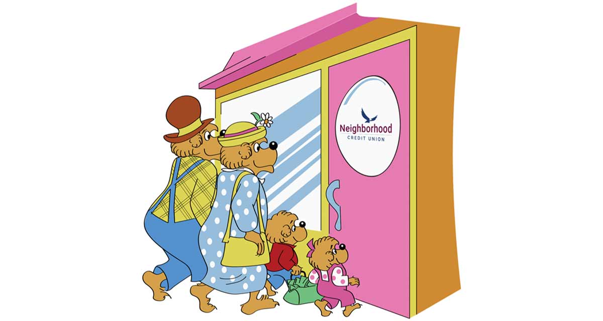 Mom, Dad, brother, and sister Berenstain Bears walking into a neighborhood CU branch.