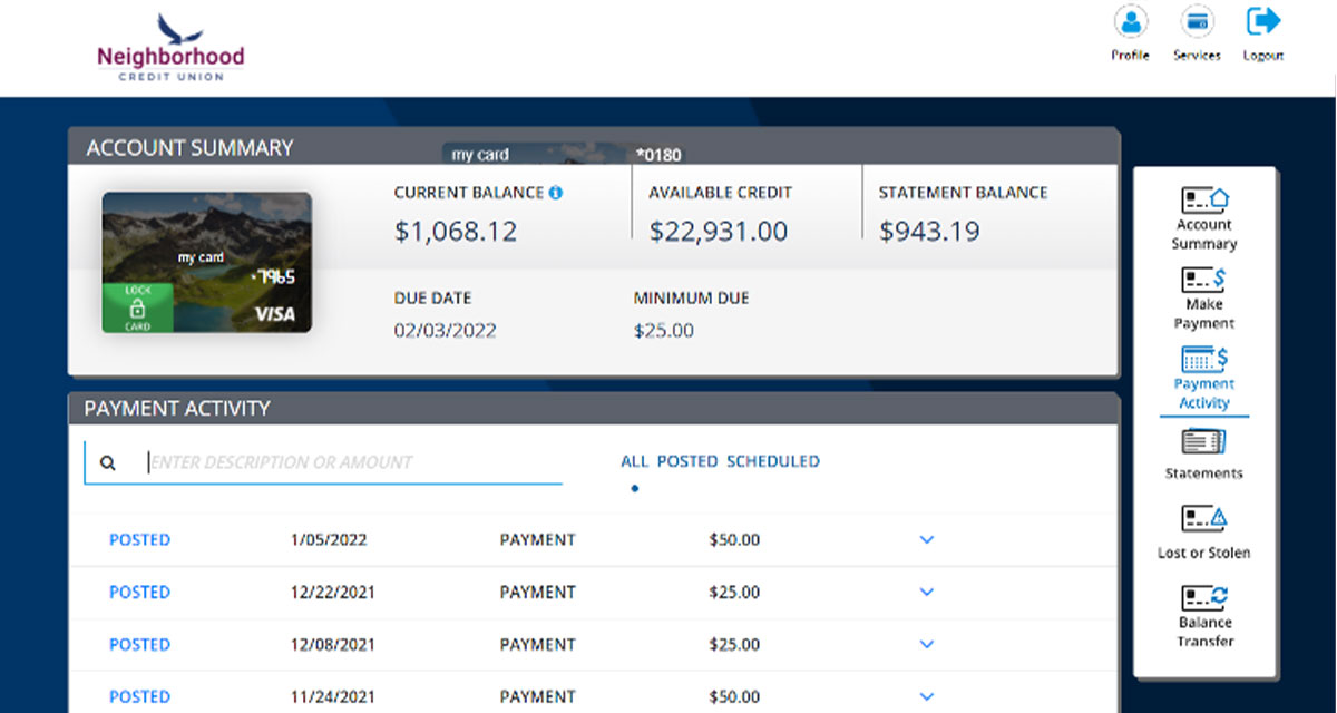 still image of the Credit Card Portal, recent payments activity landing page