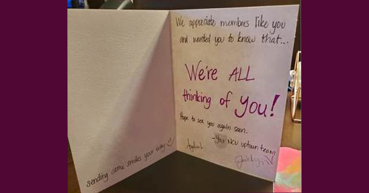 Close up image of "think of you" card the Uptown branch put together to surprise for a NCU member.