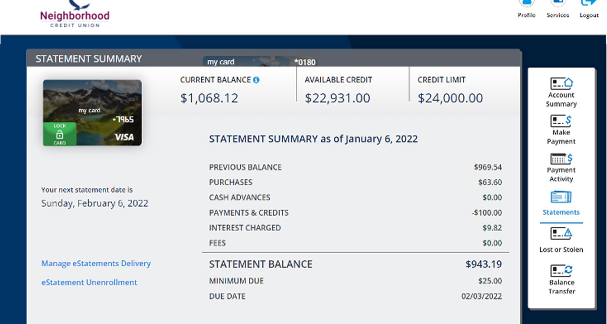 still image of the Credit Card Portal, statements landing page