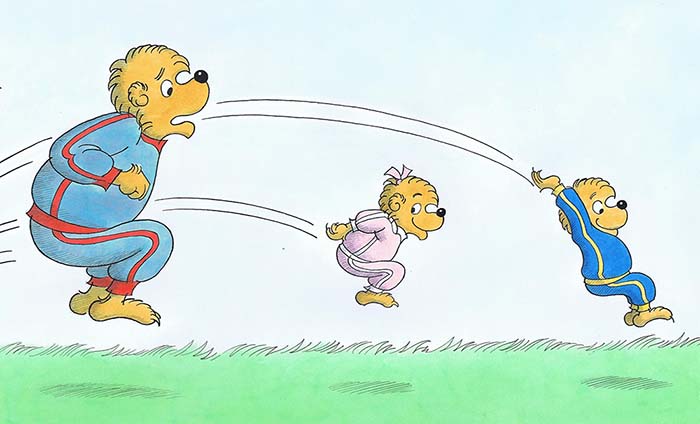 Berenstain Bears family jumping across the grass