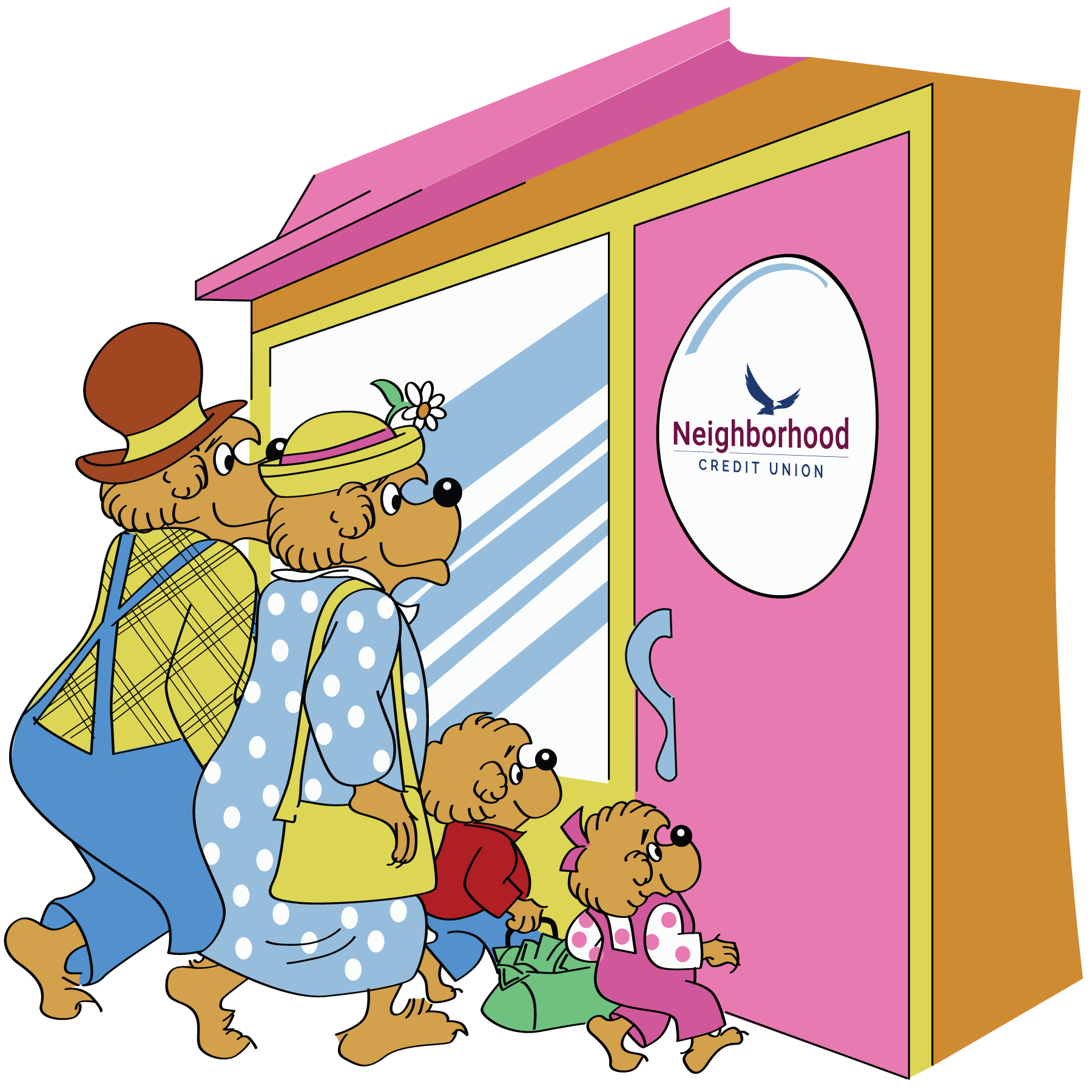A drawing of the Berenstain Bears family walking into a Neighborhood Credit Union branch
