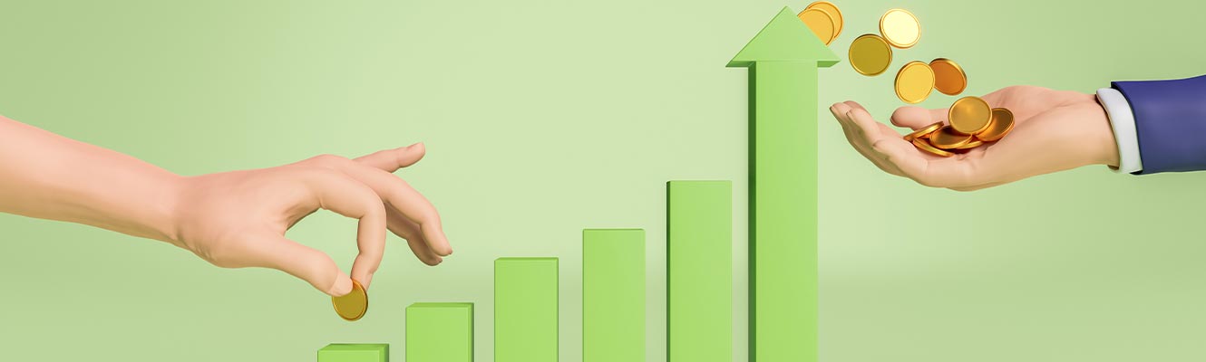 hand depositing a coin on an ascending graph with another hand receiving profits.