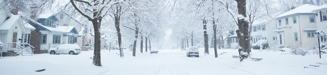 A winter snow storm in a residential area of the city.