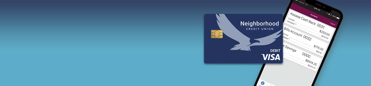 cell phone showing banking app and blue debit card on a ocean blue background