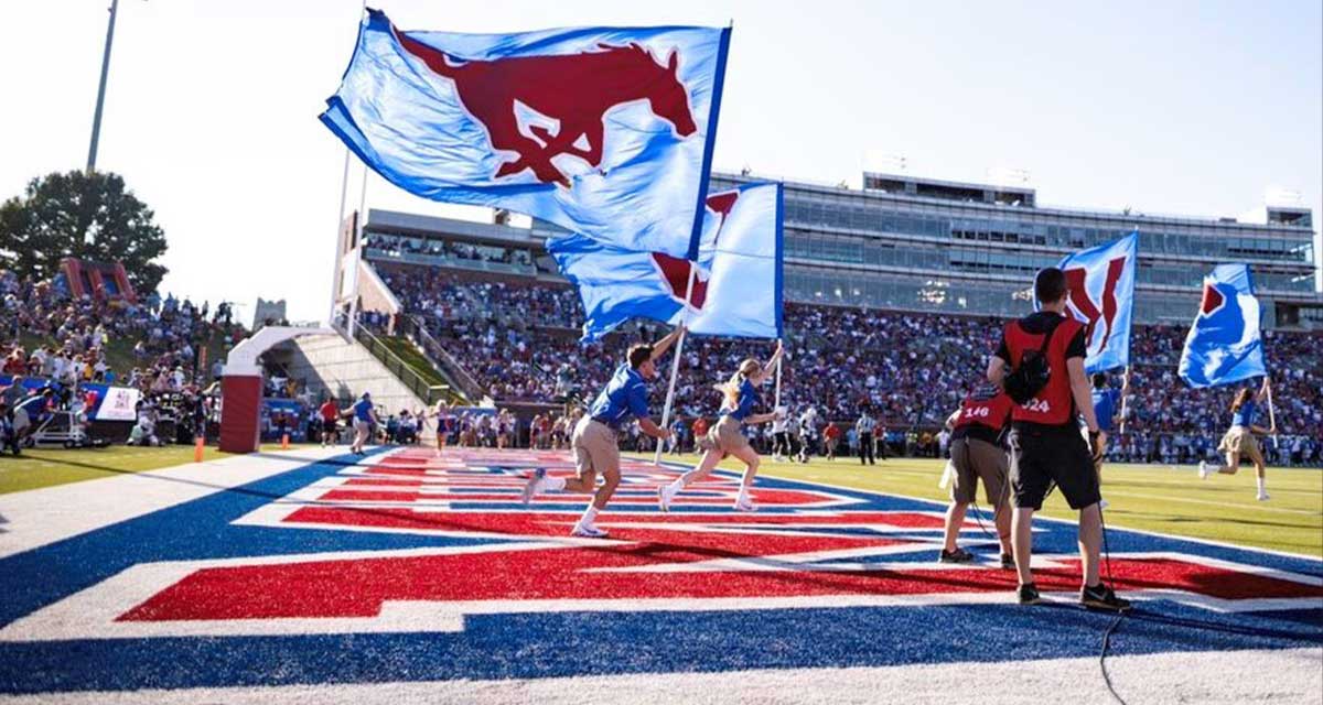 Still shot of the SMU football field with flags